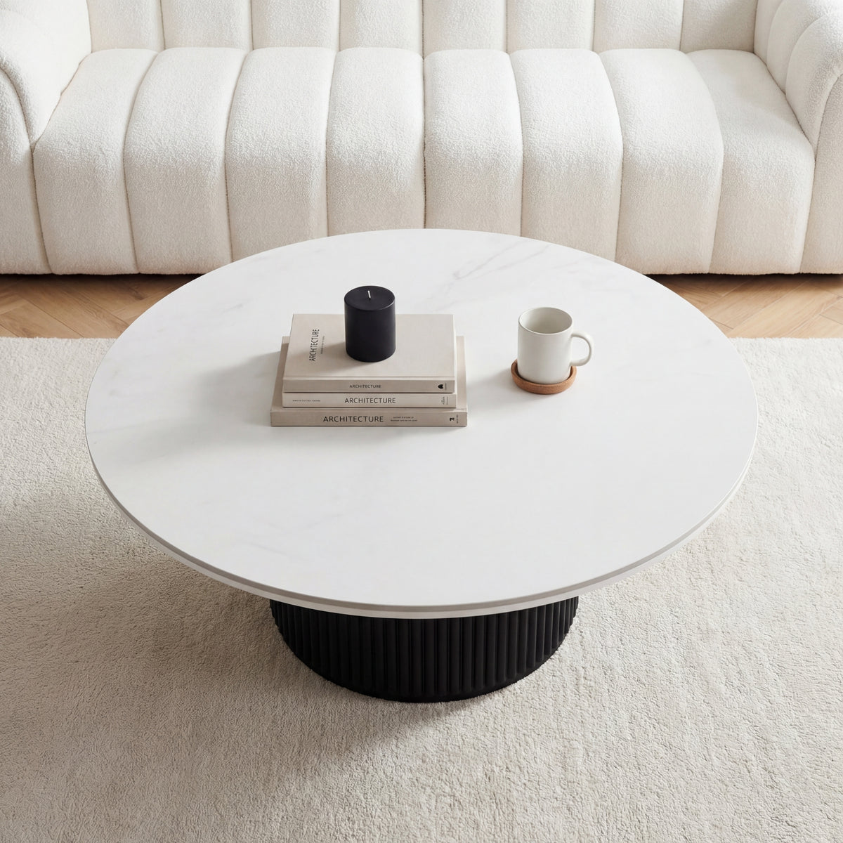 Valen 110cm Flute Round Coffee Table Ceramic Stone Top Black