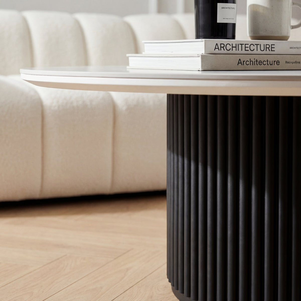 Valen 110cm Flute Round Coffee Table Ceramic Stone Top Black