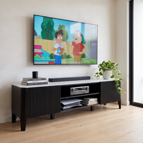 Valen 200cm Flute ETU Entertainment TV Unit Ceramic Stone Top Black