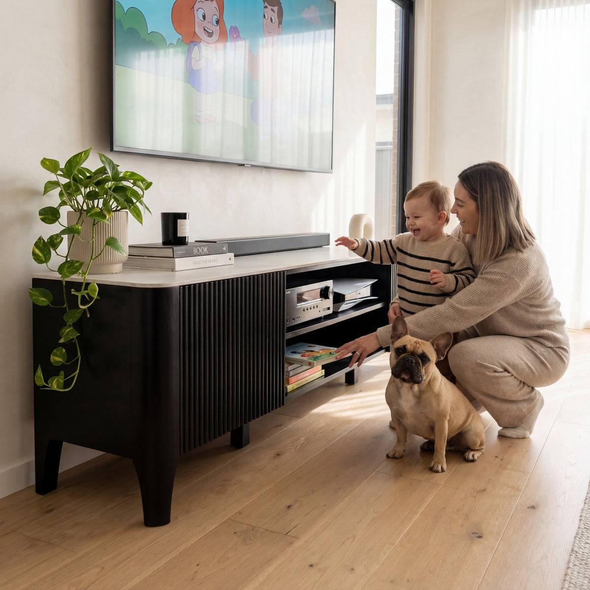 Valen 200cm Flute ETU Entertainment TV Unit Ceramic Stone Top Black