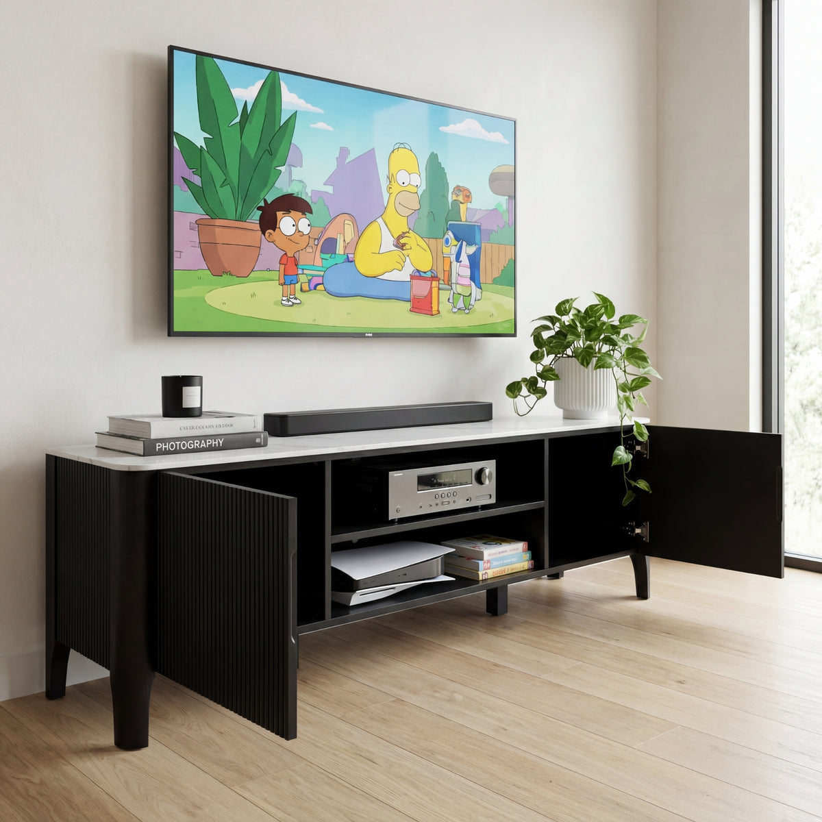 Valen 200cm Flute ETU Entertainment TV Unit Ceramic Stone Top Black