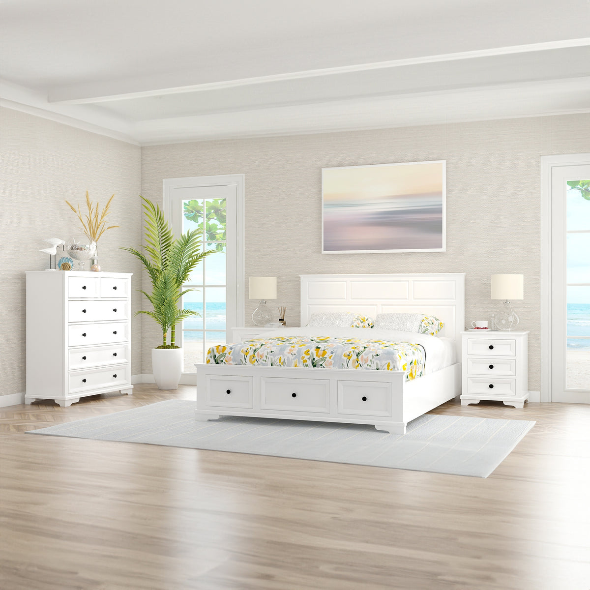 Venice 4pc Queen Size Set Bedroom Suite Bed Frame Bedside Table Tallboy  White