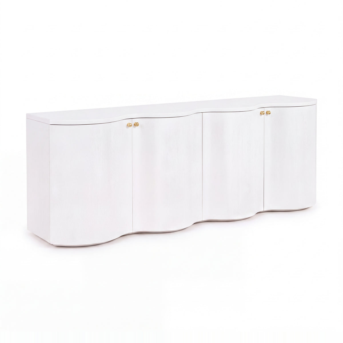 Wave 215cm white four-door buffet with a curved wave front and brass knobs, angled view on a white background