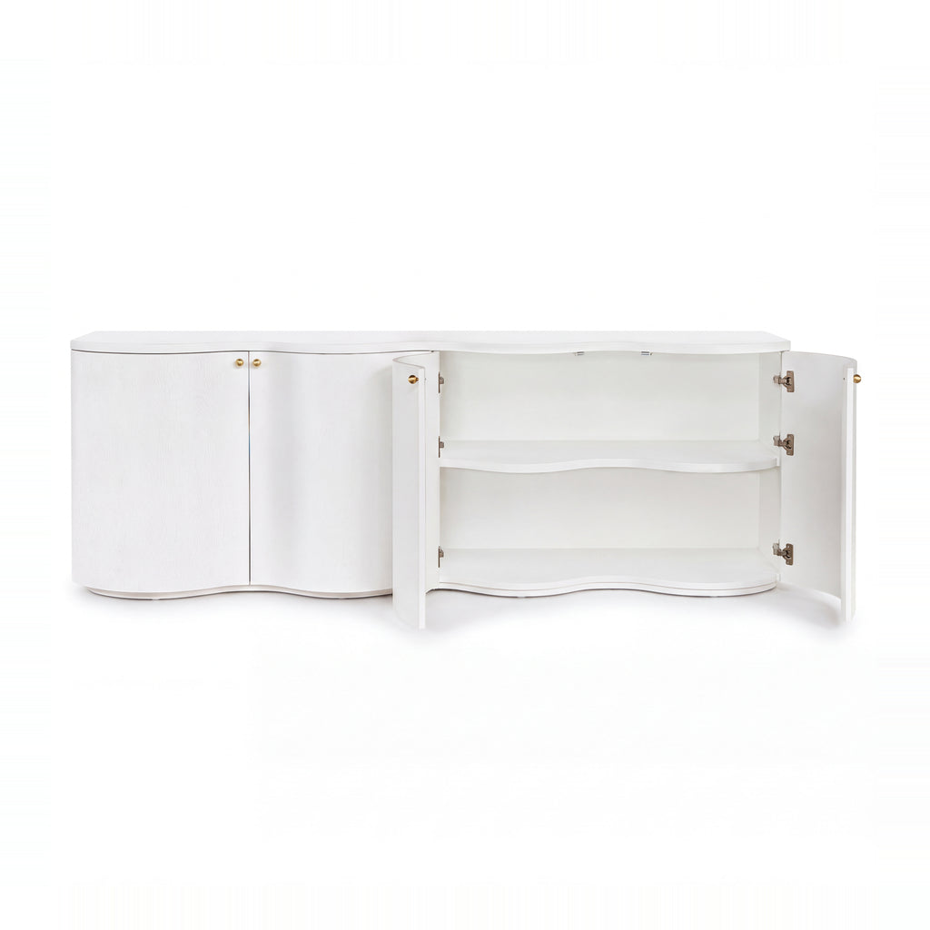 Wave white buffet with doors open on a white background, showing the interior shelves