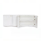 Wave white buffet with doors open on a white background, showing the interior shelves