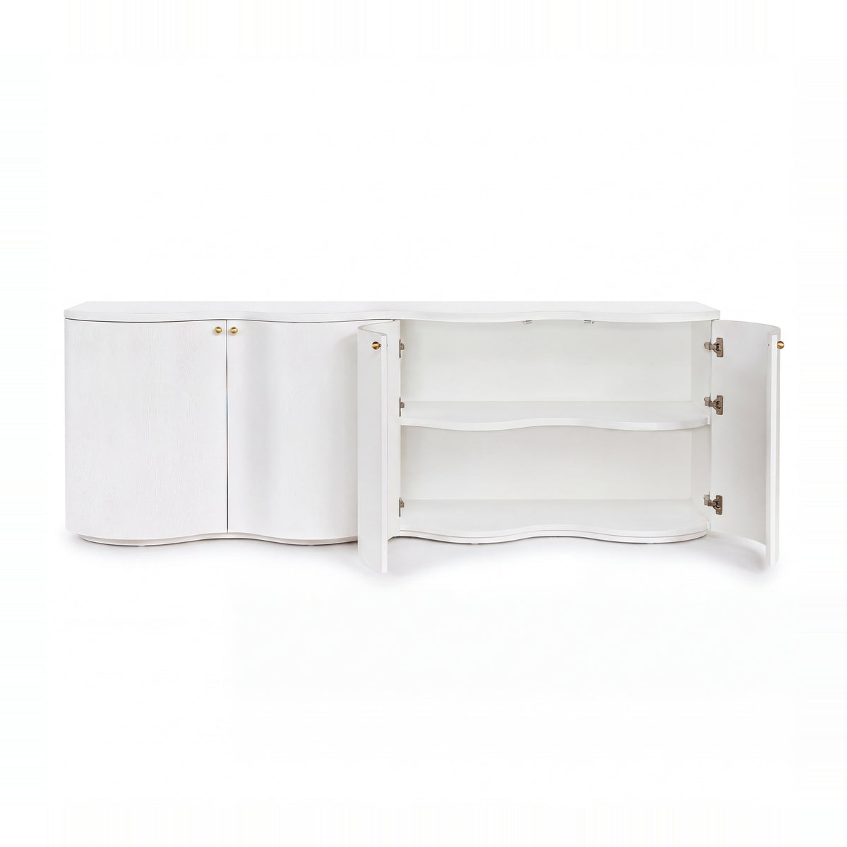 Wave white buffet with doors open on a white background, showing the interior shelves