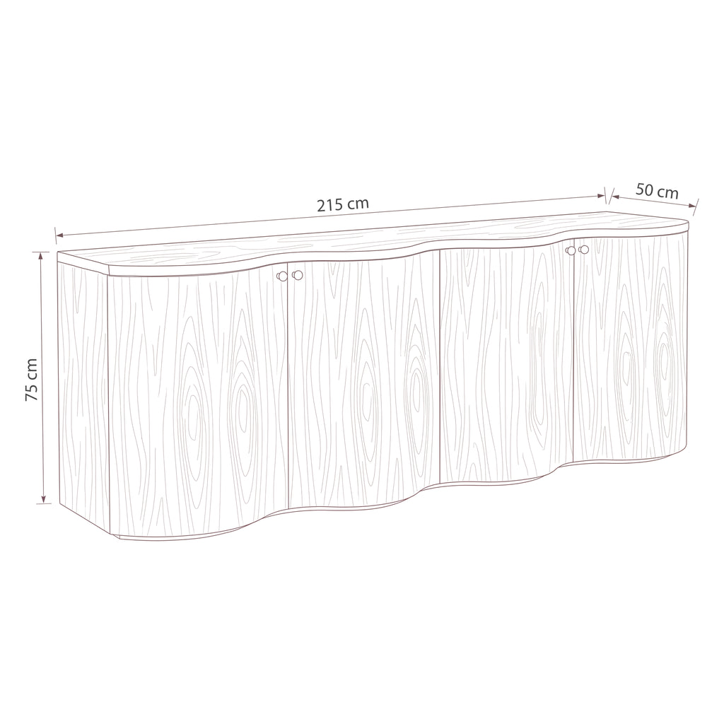 Wave 215cm white buffet — dimensions diagram, W215 x D50 x H75 cm