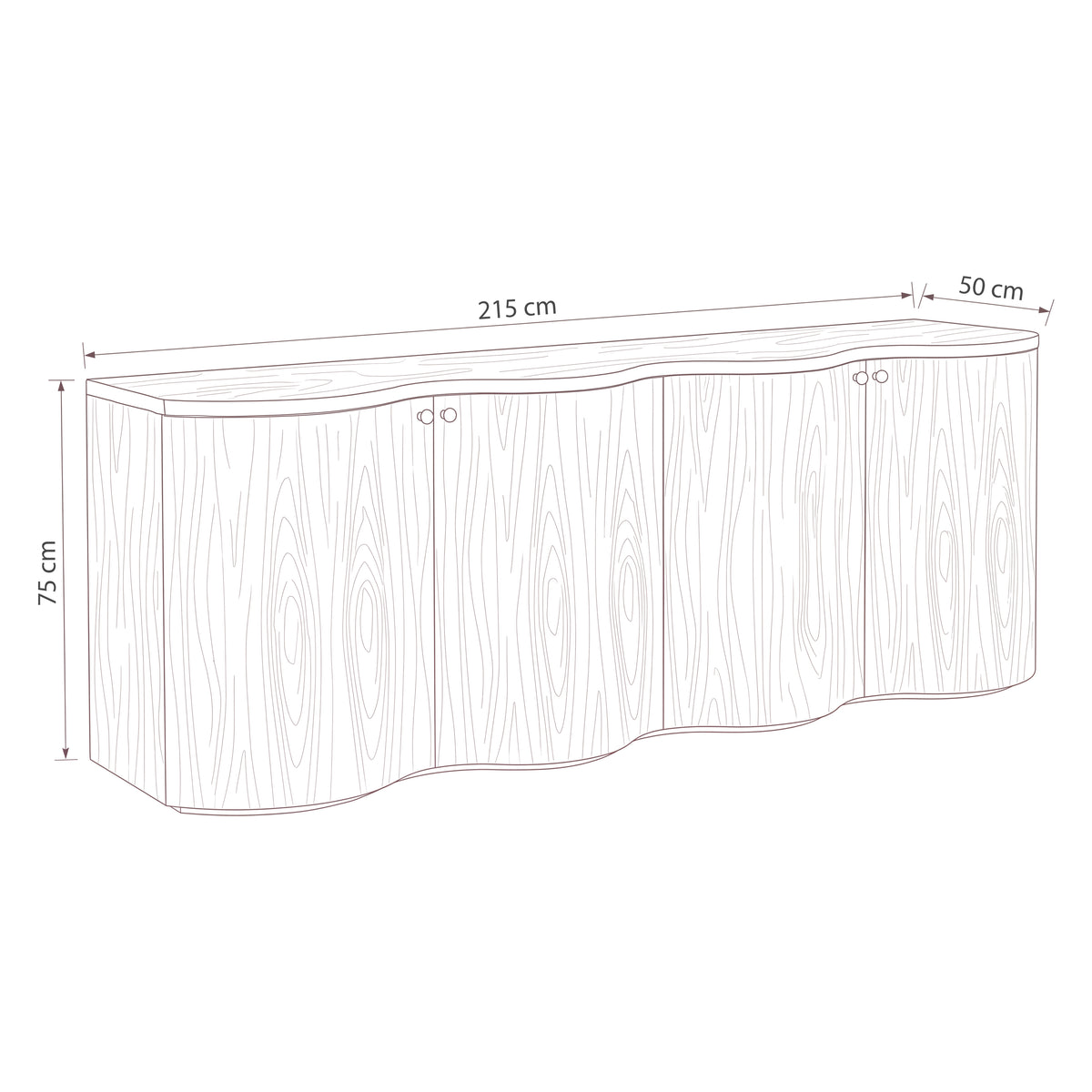 Wave 215cm white buffet — dimensions diagram, W215 x D50 x H75 cm