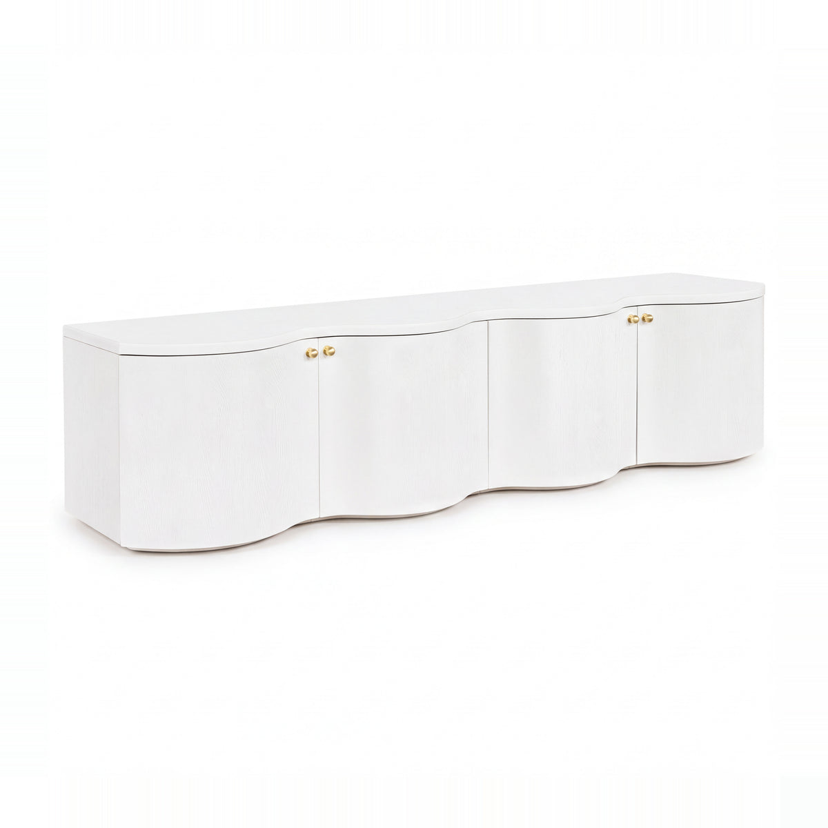Wave 215cm white four-door entertainment unit with a curved wave front and brass knobs, angled view on a white background
