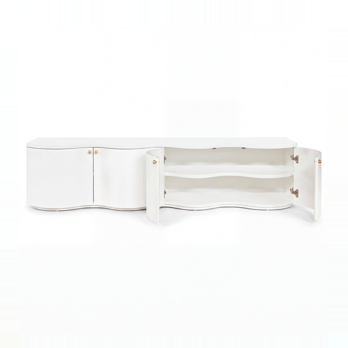 Wave white entertainment unit with doors open on a white background, showing the interior shelf