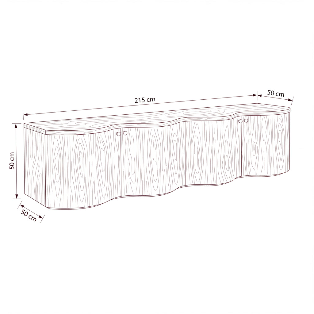Wave 215cm white entertainment unit — dimensions diagram, W215 x D50 x H50 cm