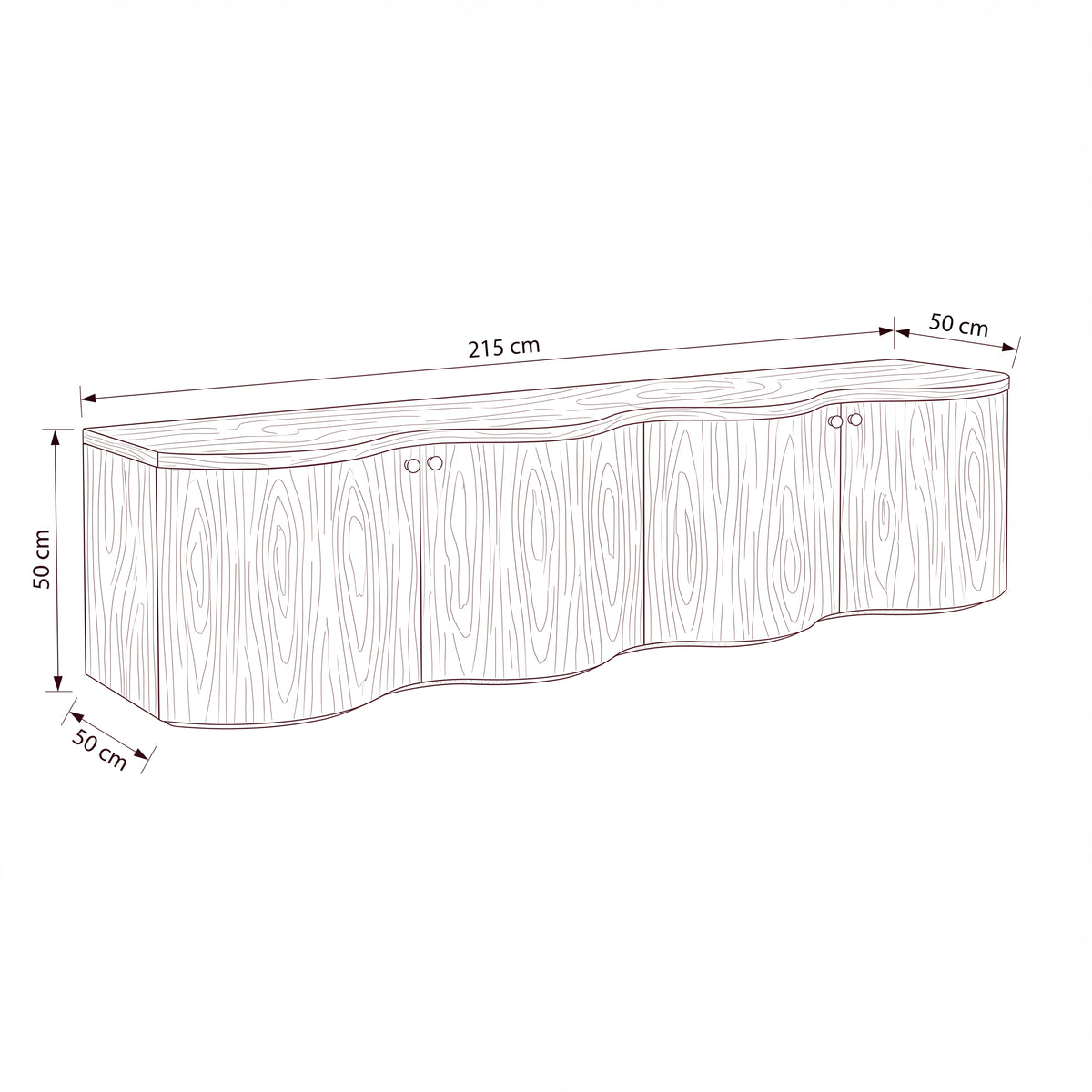 Wave 215cm white entertainment unit — dimensions diagram, W215 x D50 x H50 cm