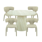 Yvon 5pc Dining Set 120cm Round Dining Table Ivory Boucle Fabric Chair