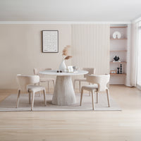 Yvon 5pc Dining Set 120cm Round Dining Table Ivory Boucle Fabric Chair