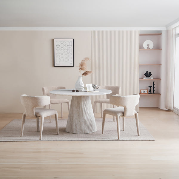 Yvon 5pc Dining Set 120cm Round Dining Table Ivory Boucle Fabric Chair