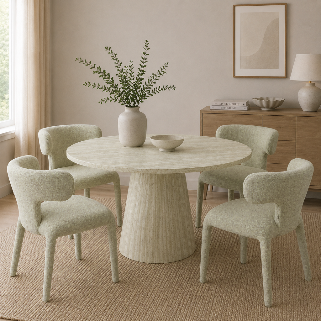 Yvon 5pc Dining Set 120cm Round Dining Table Ivory Boucle Fabric Chair