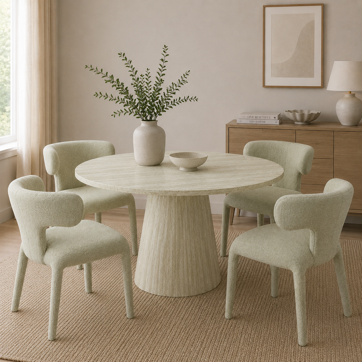 Yvon 5pc Dining Set 120cm Round Dining Table Ivory Boucle Fabric Chair