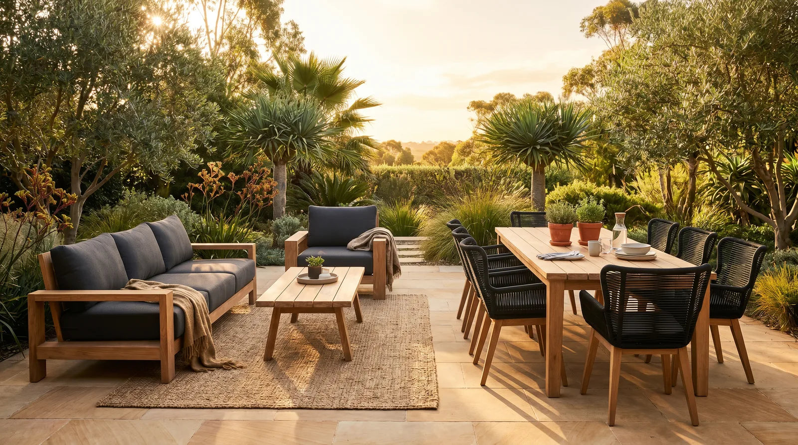 The Stud outdoor range in natural teak on a warm golden-hour terrace