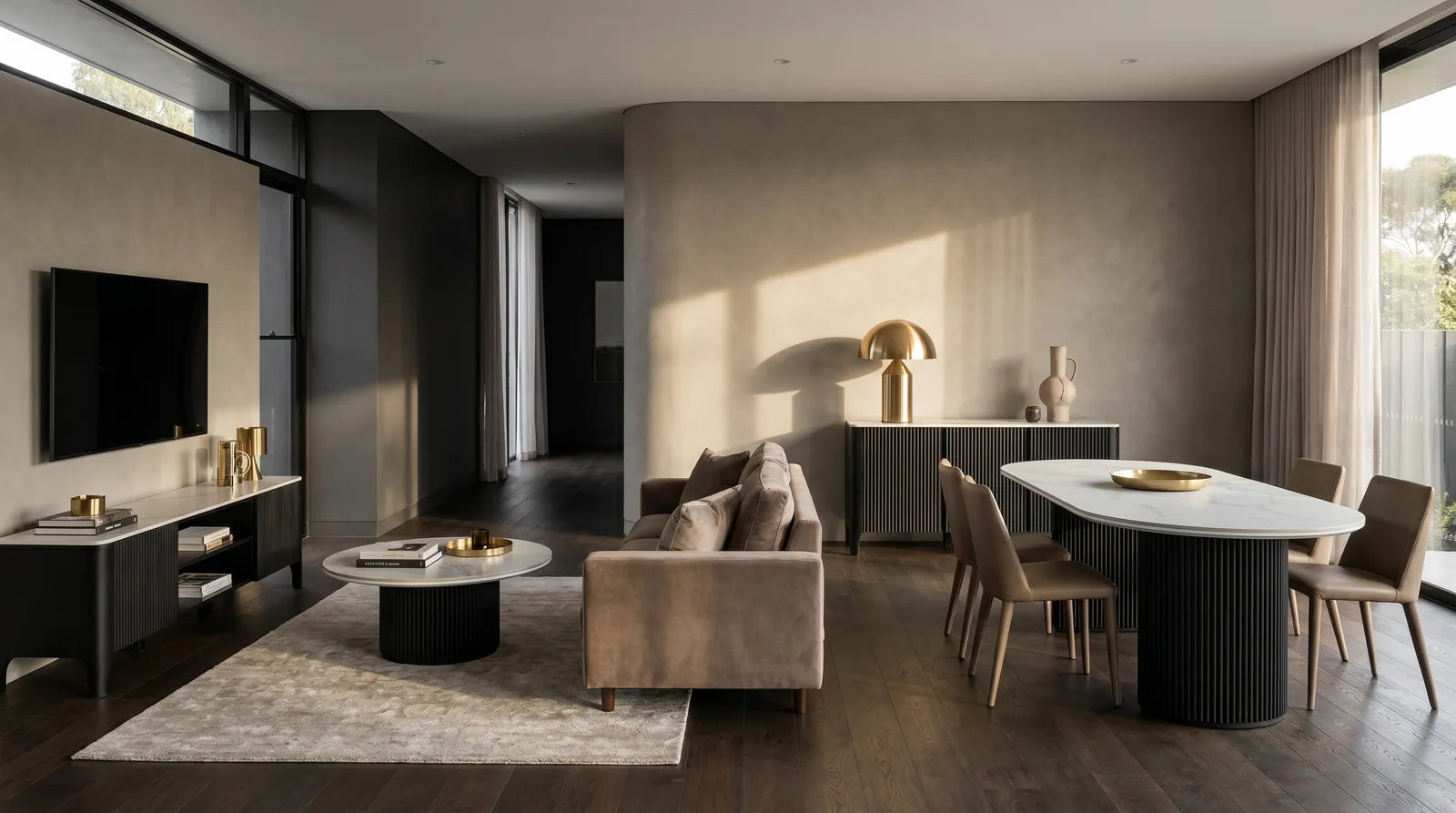 The Valen range in matte black styled in a moody contemporary dining and living room