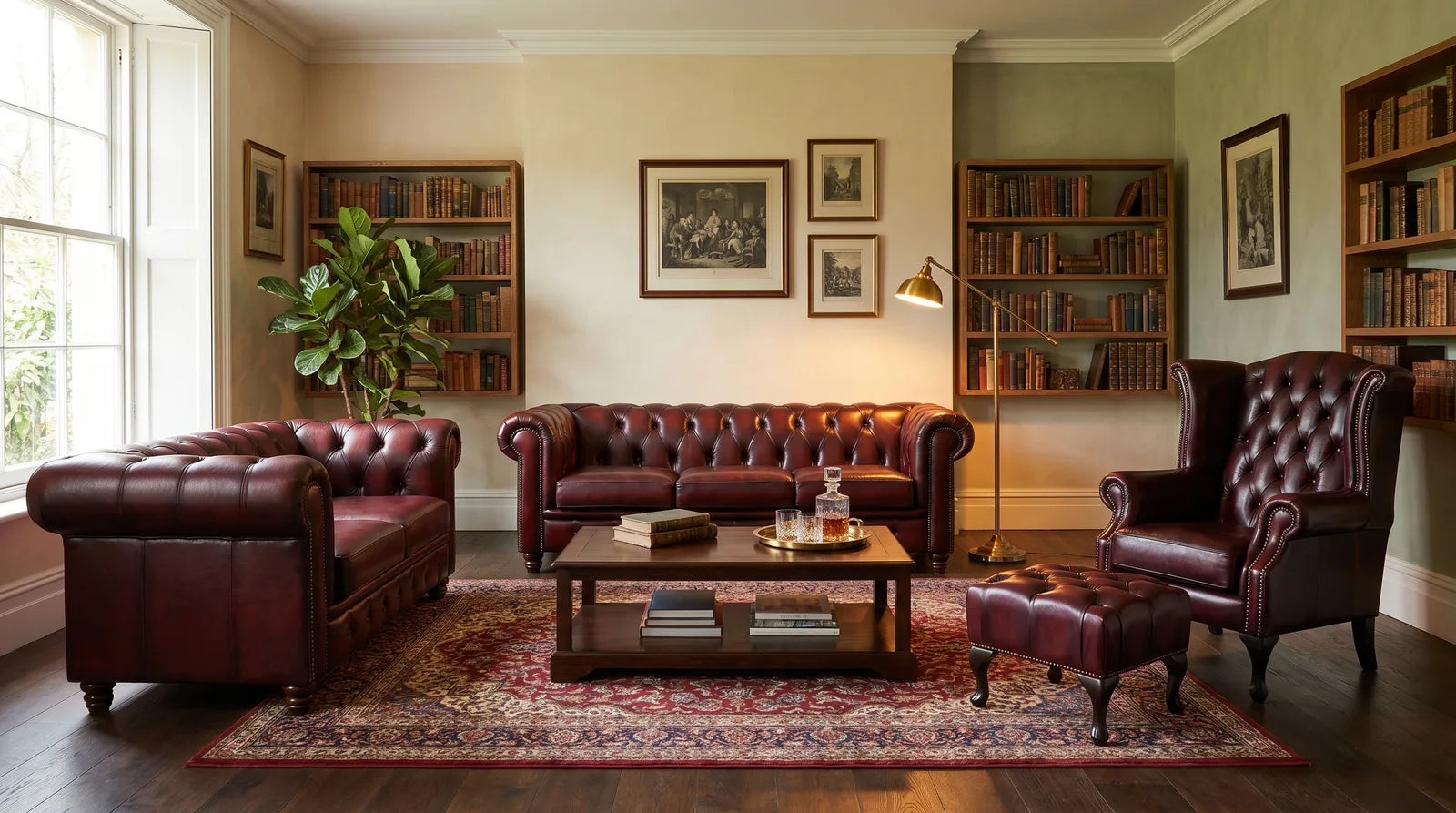 The Alastair antique-red leather Chesterfield suite in a warm study lounge