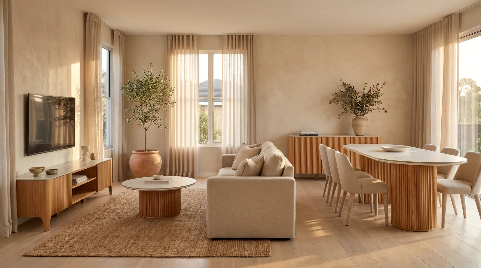 The Avila range styled in a warm open-plan dining and living room