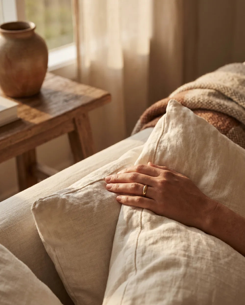 Hand resting on a cream-linen sofa cushion in warm morning light